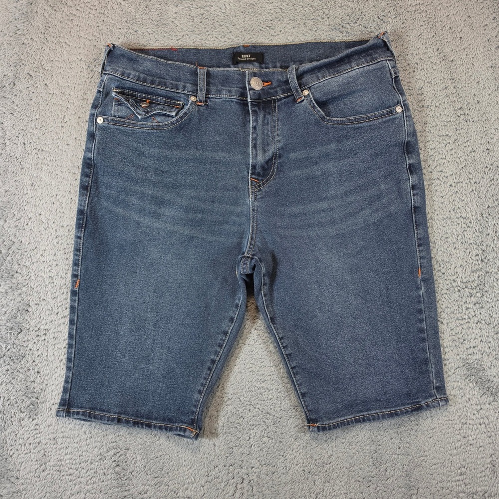 True Religion Ricky Denim Shorts Men 32 Blue Relaxed Straight Horseshoe Flap Pkt